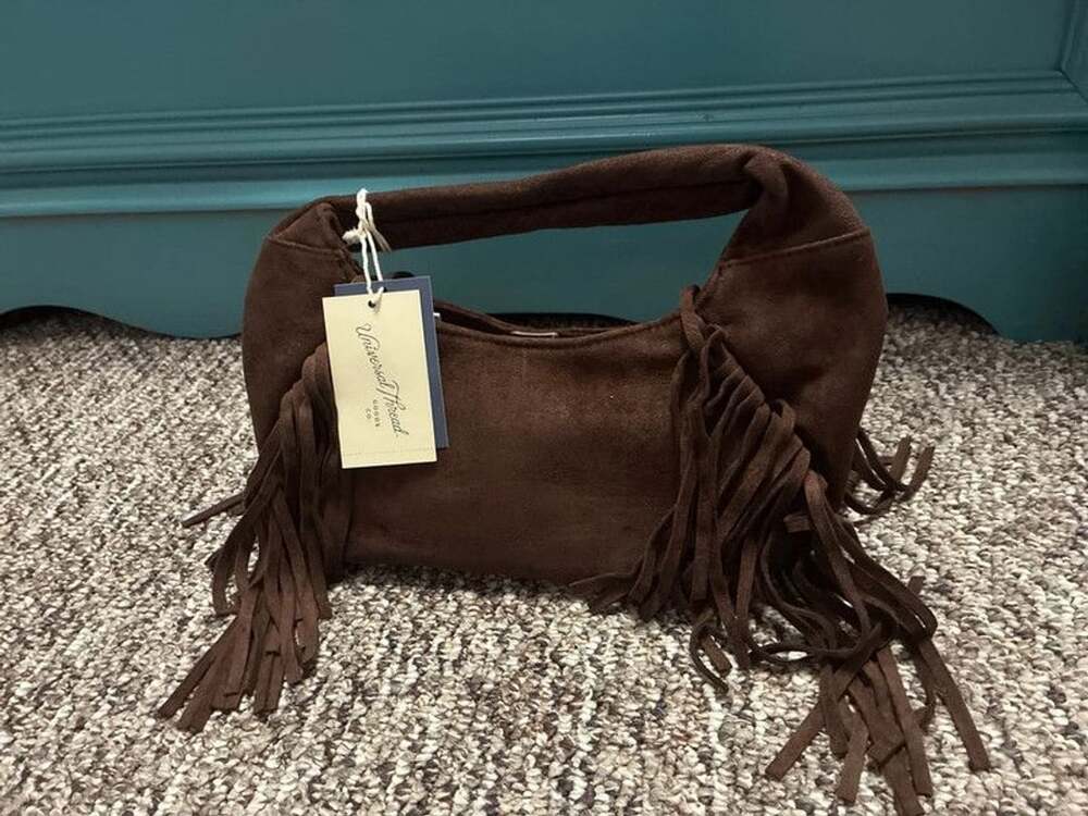 Universal thread brown faux suede fringe purse bag nwt